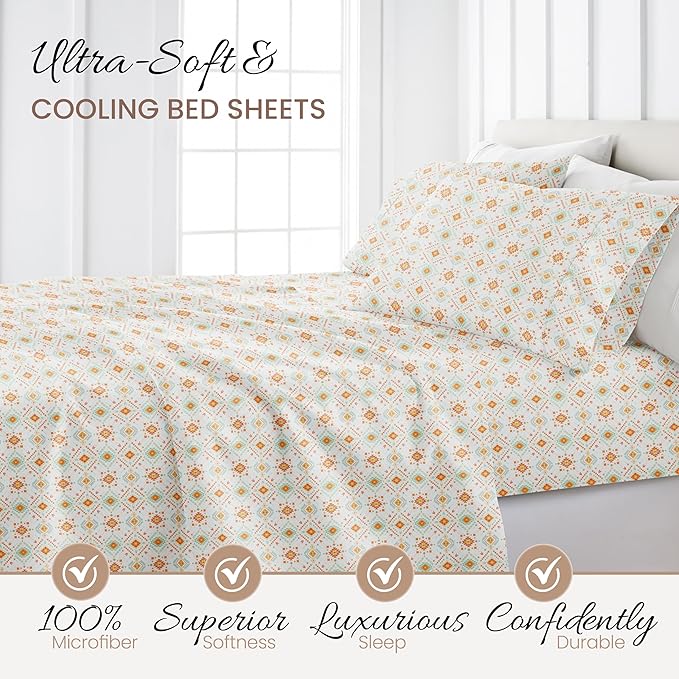 Linen Market Double-Brushed Patterned Microfiber Full Sheet Set 4 Piece – Oeko-TEX Certified Ultra Soft & Wrinkle-Free - 16" Deep Pocket Sheets - Easy Care Full Size - Aztec Dreams Coral