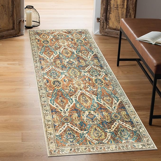 Keen Home Design 2x12 Rug - Machine Washable Runner with Non-Slip Backing, Ideal for Hallway, Entryway, Kitchen, Laundry Room - Vintage, Easy Clean, Durable, Low Pile Rug - (2'6" x 12')