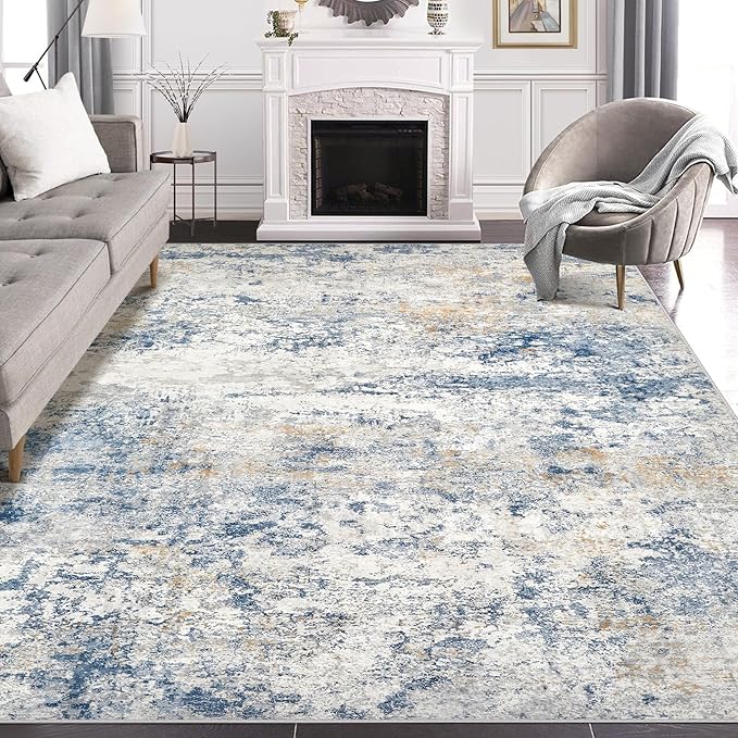 Area Rug Living Room Rugs - 4x6 Abstract Large Soft Indoor Washable Rug Neutral Modern Low Pile Carpet for Bedroom Dining Room Farmhouse Home Office - Blue