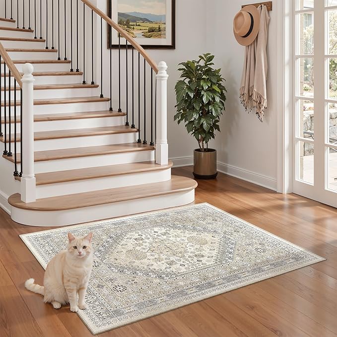 zesthome 2x3 Entryway Rug, Soft Washable Rugs, Non Slip Area Rug, Stain Resistant Low Pile Rugs for Bedroom, Vintage Rug for Door Mat, Kitchen (Beige,2'x3')