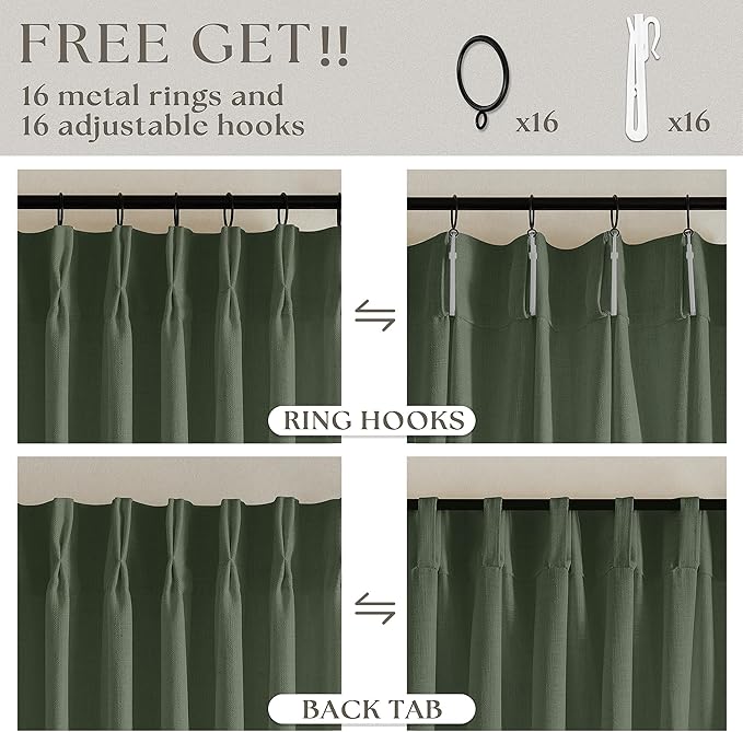 80 Inches Long Olive Green Linen Curtains for Living Room Pinch Pleat Hooks for Living Room Back Tab Thick Linen Textured Pleated Drapes Light Filtering Loden Bedroom Window Curtains 80 Inch Length