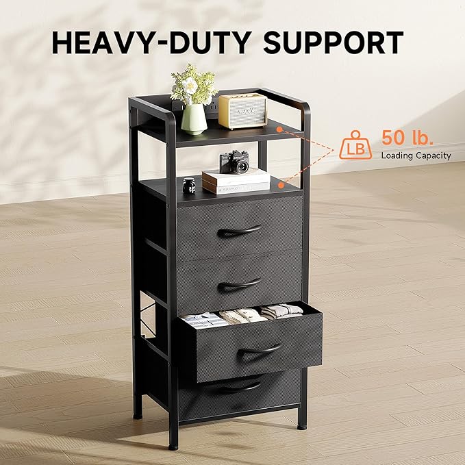 Night Stand Bedside Table Bedroom - Tall Nightstand with Charging Station & LED Light Strip, Bed Side Table with Storage Shelf & 4 Fabric Drawers, 2 U-S-B Ports & 2 AC Outlets
