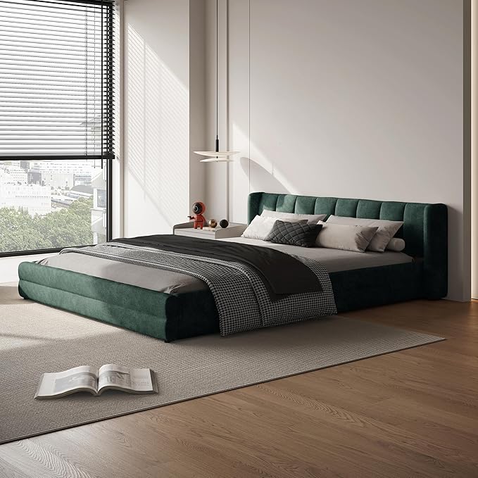 DEINPPA Queen Size Bed Frame with Cloud Soft Headboard, Chenille Upholstered Grounded Wood Base Bed Frame, No Box Spring Needed-Blue+Green