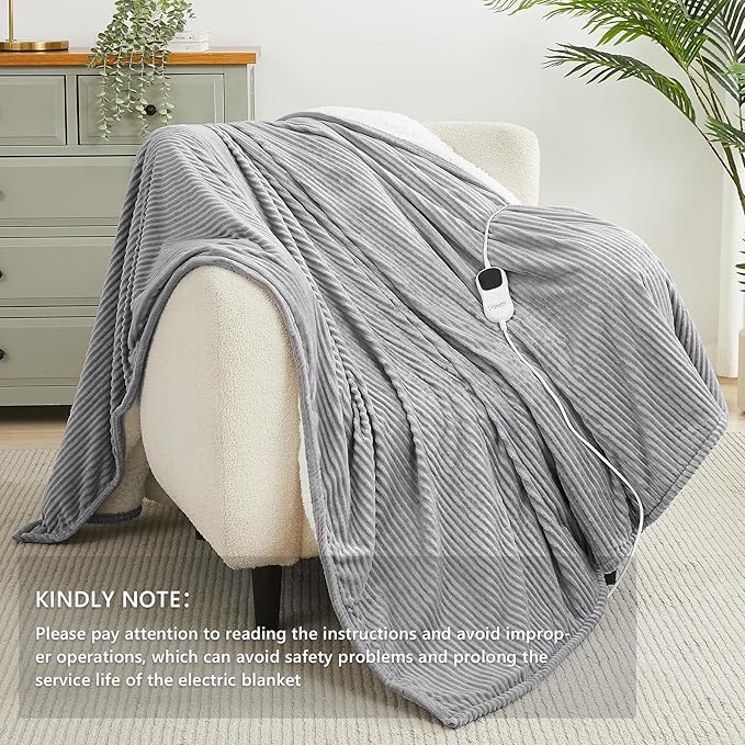 Homemate Electric Heated Blanket Twin Size - 62"x84" Heating Blanket Twin Size 1/2/4/6/8 Hours Auto-Off 10 Heat Level Over-Heat Protection Soft Flannel Sherpa ETL Certification