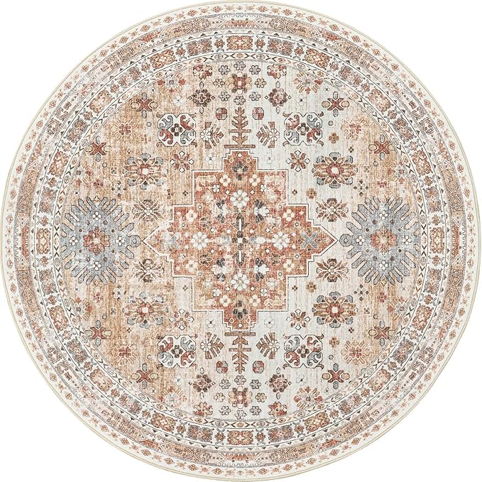 zesthome Washable Round Rug - 5ft Ultra-Thin Circle Area Rugs, Vintage Non-Slip Low Pile Rug for Living Room, Stain Resistant Rug for Bedroom, Entryway, Kitchen, Nursery