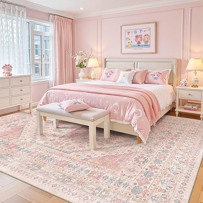 zesthome 10x12 Area Rugs for Girls Bedroom, Low Pile Machine Washable Rugs, Vintage Large Pink Rugs, Stain Resistant Nursery Room Rug, Baby Crawling Rug (Pink/Blue,10'x12')