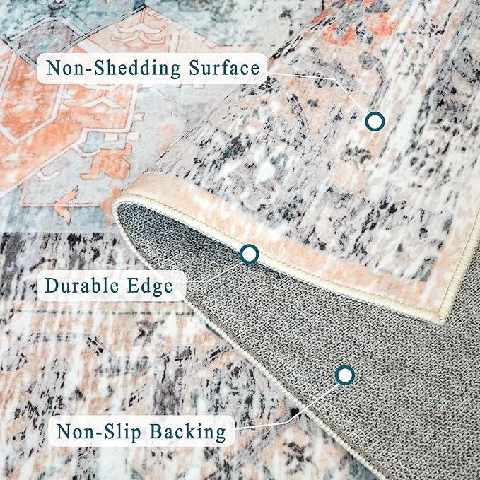 3x5 Rug, Small Area Rug for Living Room, Bedroom, Kitchen, Machine Washable Non-Slip Throw Rug, Vintage Distressed Floral Carpet for Entryway Nursery Dinner Room, Orange