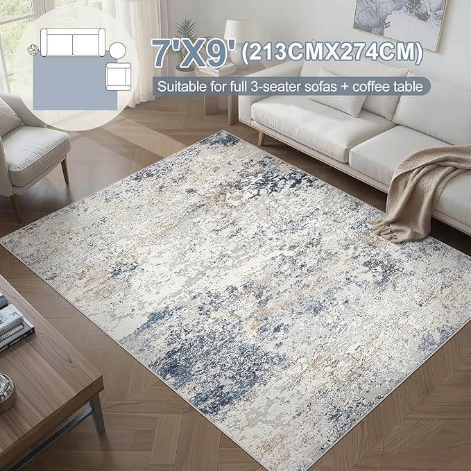 Area Rug Living Room Rugs - 7x9 Large Soft Indoor Neutral Modern Abstract Low Pile Washable Rug Carpet for Bedroom Dining Room Farmhouse Home Office - Beige Blue