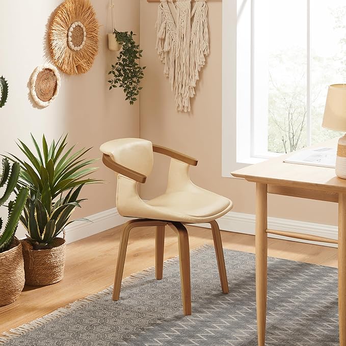 Art Leon Swivel Desk Chair - Mid Century Modern Office Chair, Faux Leather Upholstered Swivel Accent Chair for Small Spaces Living Room Bedroom, Cream