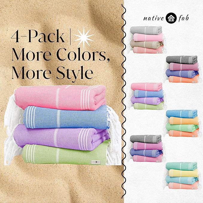 Native Fab 4 Pack Turkish Cotton Beach Towels, Oversized, Soft, Sand Free, Absorbent, Quick Dry, Lightweight for Bath, Pool, Travel, Spa - Rose Pink, Sky Blue, Lavender, Lemon Green