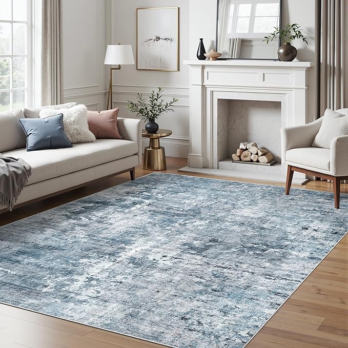 Area Rug 6x9 Abstract Rugs for Living Room 6 x 9 Washable Rugs Blue Non Slip Low Pile Rugs for Bedroom Dining Room Foldable Thin