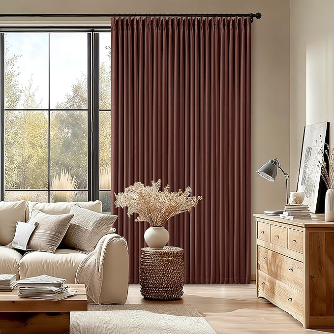 Maroon Blackout Pinch Pleated Linen Curtains 105 Inches Long for Living Room 2 Panels Thermal Insulted Dual Layer Drapes Ceiling Floor 105 Inch Window Curtains Bedroom Chestnut Reddish Brown