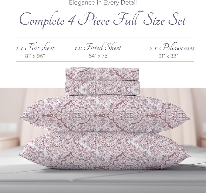 Carressa Linen 100% Egyptian Cotton Printed Bed Sheets - 600 Thread Count 4 PC Full Sheet Set, Hotel Luxury Sateen Bedsheets, 16" Deep Pocket Extra Soft Cooling Sheets for Full Size Bed - Paisley