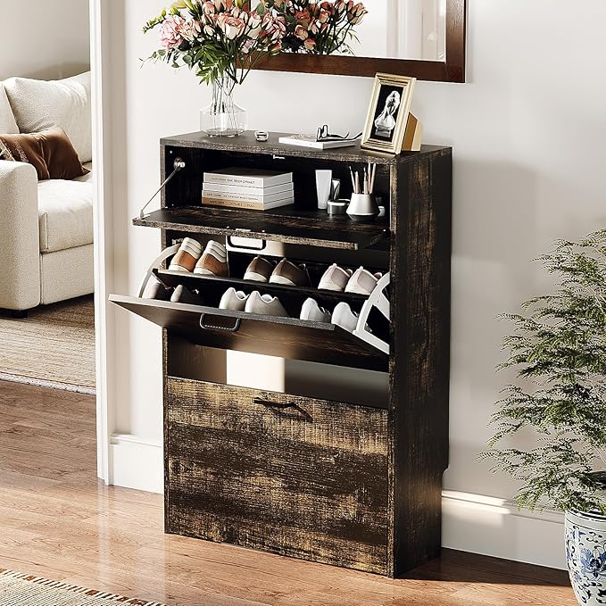 VINGLI Shoe Cabinet Storage for Entryway Ultra Slim with 2 Flip &1Drop-Down Drawers, 24.8" W Narrow Shoe Cabinet for Front Door Entrance,Freestanding Dark Rustic Oak Wood Shoes Organizer for Hallway