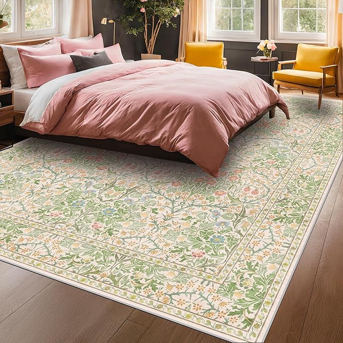 Vintage Washable Beige Green 10x14 Rug for Living Room - Extra Large Area Rug for Dining Room Under Table, Soft Low Pile Carpet for Bedroom - Victorian Forest Floral Design Non-Slip