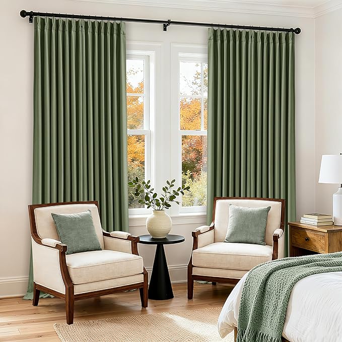 102 Inch Linen Pleated Black Out Curtains 2 Panels Set for Bedroom Living Room Darkening 100% Blackout Memory Trained Farmhouse Rustic Farmhouse Pinch Pleat Window Curtain Olive Green 102 Inch Length