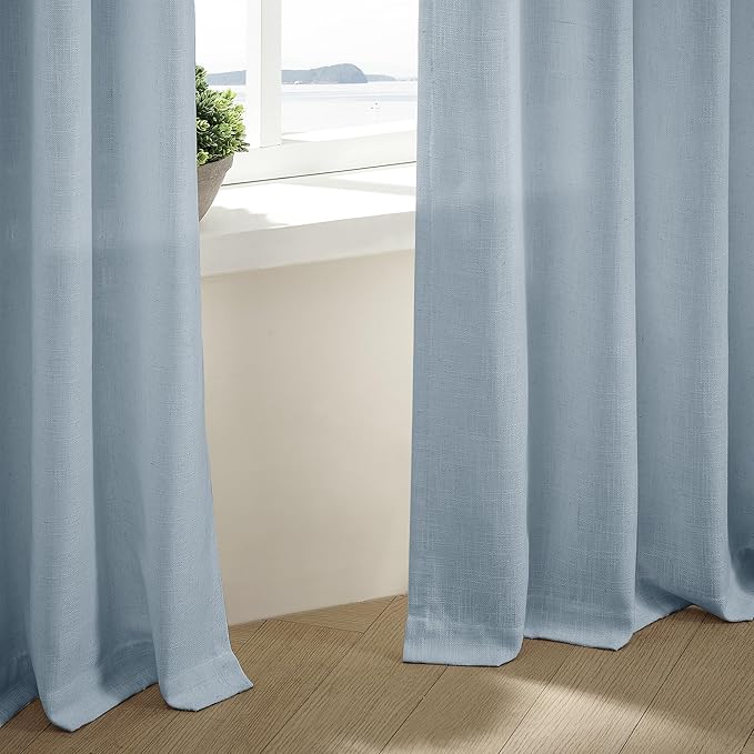 Dusty Blue Linen Pinch Pleated Curtains 108 Inches Long 2 Panels for Living Room Bedroom Light Filtering Drapes 108 Inch Length Sky Grey Blue Semi Sheer Memory Shape Trained Ceiling Floor Curtain