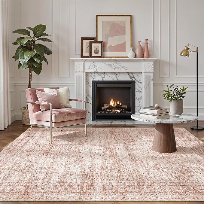 5x7 Area Rugs Pink Low Pile Indoor Washable Trendy Faded Style Rugs for Bedroom Living Room Dining Room Foldable Non-Slip Thin Print Mat
