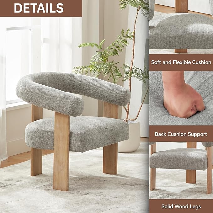 VKNOW Accent Chair Living Room Chair, Modern Upholstered Arm Chair with Solid Wood Legs, Comfy Barrel Accent Chair for Living Room, Bedroom, Grey