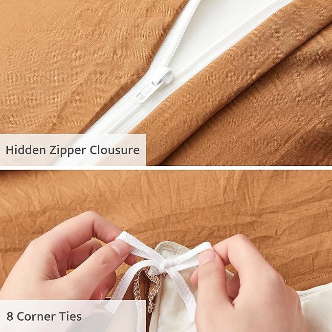 Oli Anderson Pumpkin Brown Duvet Cover Queen Size - Pleated Queen Duvet Cover, 3PCS Soft and Breathable Textured Bedding Set with Zipper Closure(Pumpkin Brown,90"x90")