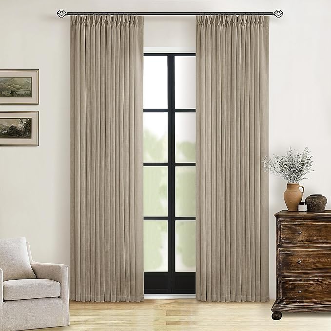 Textured Linen Burlap Curtains 84 Inches Long 2 Panels Neutral Country Tan Greige Flax Ceiling Floor Pinch Pleated Curtains Hooks Track Light Filtering Privacy Drape for Living Room Ofiice Grey Beige