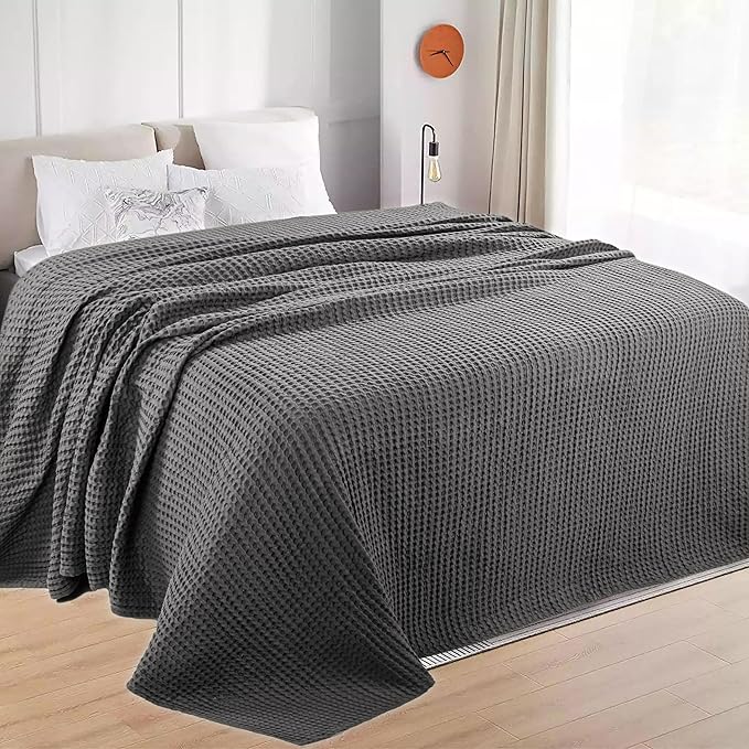 HILLFAIR 100% Cotton Blanket- 120"x120" XXL Oversized King Bed Blankets- Family Size 10 ft x 10 ft Big- Waffle Blankets- All Season Soft Breathable- Extra Large King Cotton Blanket for Bed- Grey