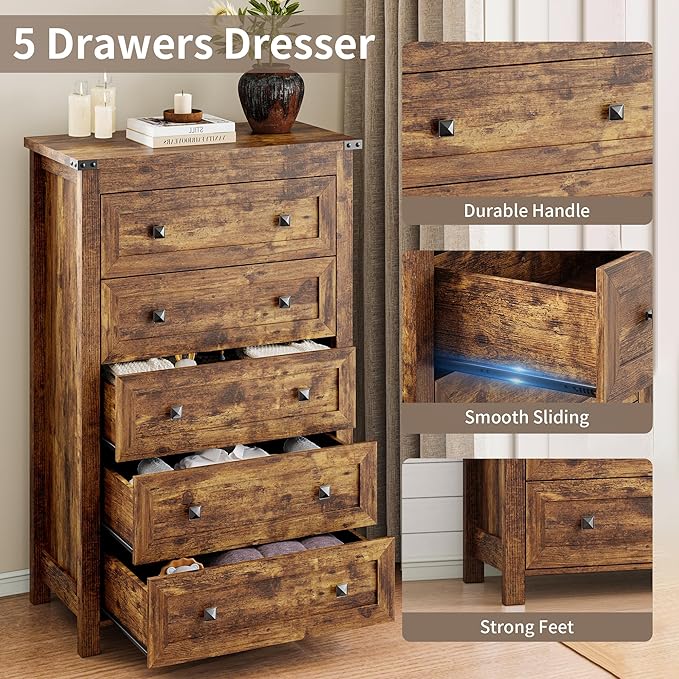 Dresser for Bedroom with 5 Drawers, Tall Wood Chest of Drawers, Modern Farmhouse Closet Clothes Organizer, Storage Tower Cabinet with Metal Handles for Hallway, Living Room, Entryway, Brown