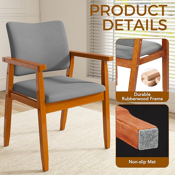 thksbought Set of 4 Mid Century Modern Walnut Dining Chairs Wood Arm Grey Fabric Kitchen Cafe Living Room Decor Furniture