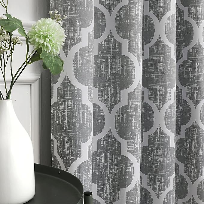 Beauoop 100% Blackout Curtains 90 Inches Long 2 Panels for Bedroom Living Room Grey Moroccan Geo Room Darkening Thermal Insulated Soundproof Grommet Top Window Treatments Drapes, 50x90 Set of 2