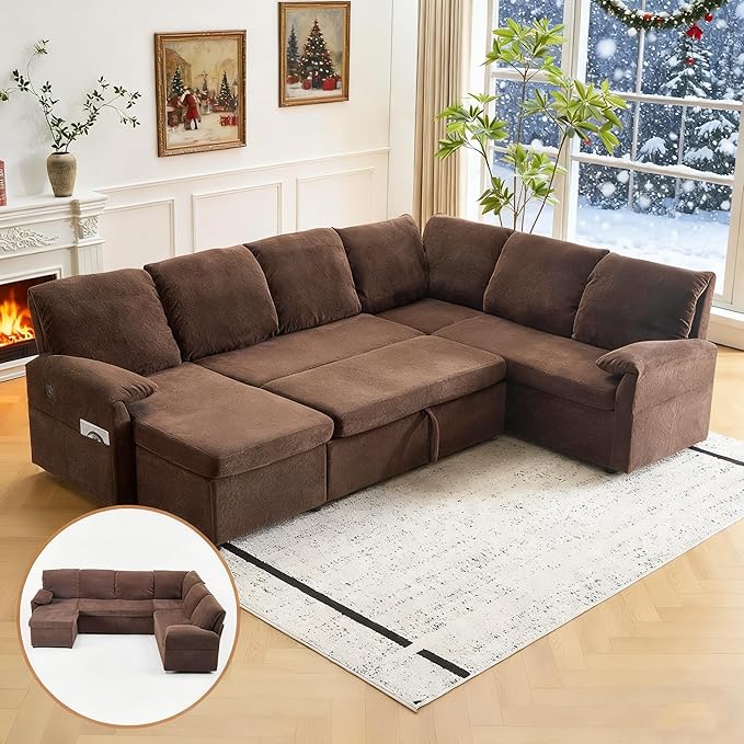 VINGLI Convertible Sofa Bed Couches for Living Room, Sleeper Sofa with Pull Out Couch Bed, Cloud-Like Plush Fleece U-Shape Sectional Couch with Storage Chaise, USB Charging, Side Pockets