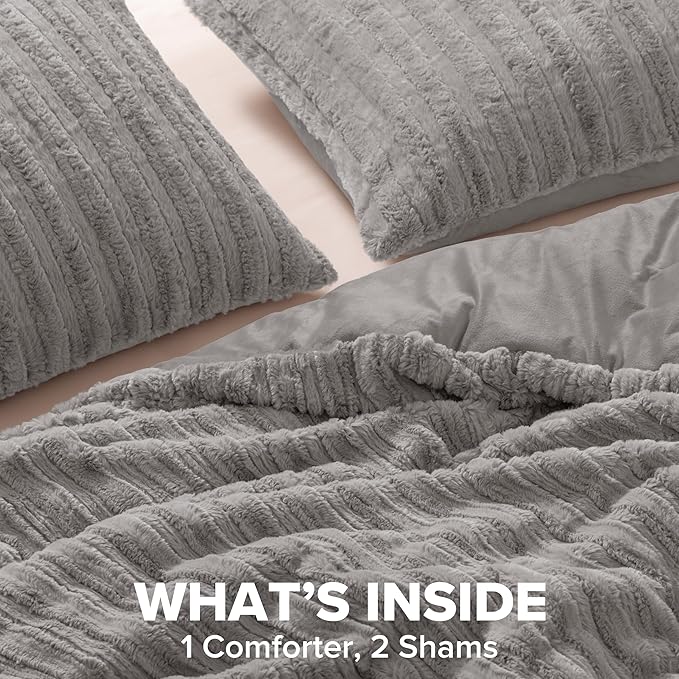 UGG King Comforter Set with 2 Pillow Shams Plush Faux Fur Bedding Soft Warm Down Alternative Comforter Washable Hypoallergenic Fluffy Blanket Set for Bedroom, California/King Size, Grey (Kenzie)