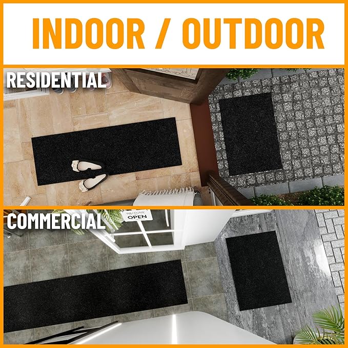 Ottomanson 2' x 38' Hallway Runner with Scraper Pile Extra Durable Non-Slip Rug Mat for Indoor & Outdoor Use - Ideal for Kitchen, Entryway, Patio & Garage - High-Traffic Carpet, Black