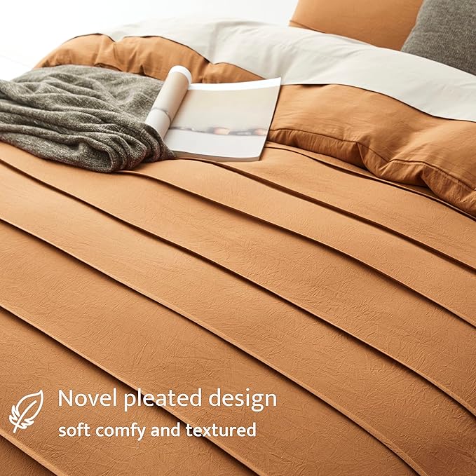 Oli Anderson Pumpkin Brown Duvet Cover Queen Size - Pleated Queen Duvet Cover, 3PCS Soft and Breathable Textured Bedding Set with Zipper Closure(Pumpkin Brown,90"x90")