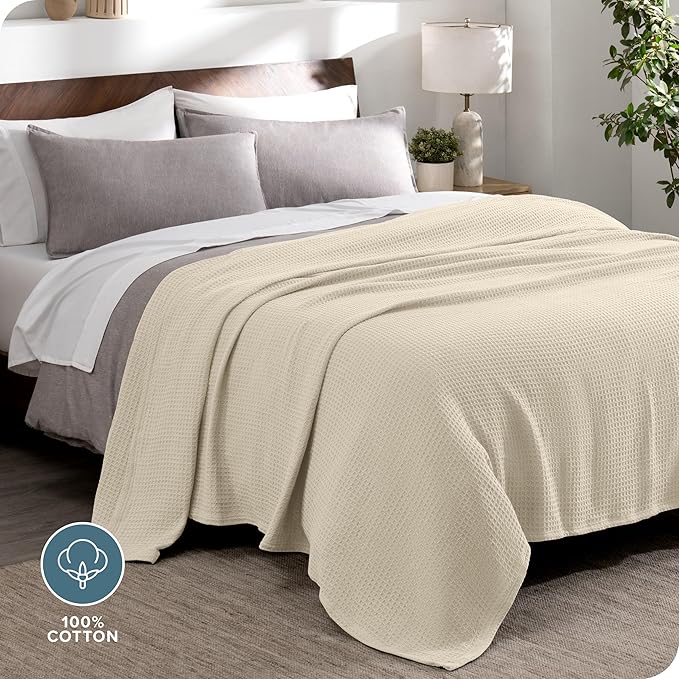 Bare Home Oyster Waffle Blanket, Throw Size 44Wx66L, 100% Cotton, Soft & Breathable for All Seasons, Lightweight, Perfect for Layering Bed, Sofa & Couch (Throw/Travel, Oyster)