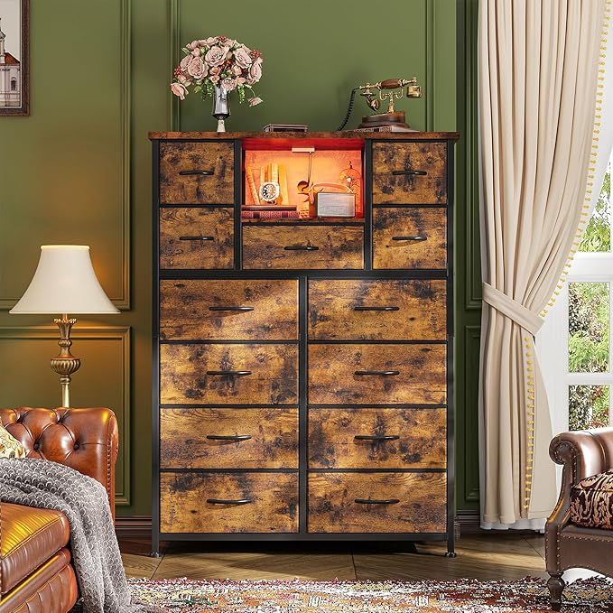 Dresser for Bedroom with 13 Fabric Drawers, Dressers with LED & 4 Charging Ports, 47''H Chest of Drawers with Open Storage Shelves for Hallway, Entryway, Rustic Brown