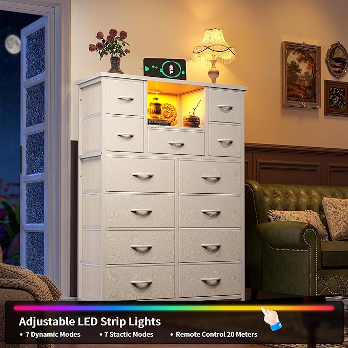 Dresser for Bedroom with 13 Fabric Drawers, White Dresser with LED and 4 Charging Ports and Open Shelves, 47''H Chest of Drawers for Entryway, Hallway