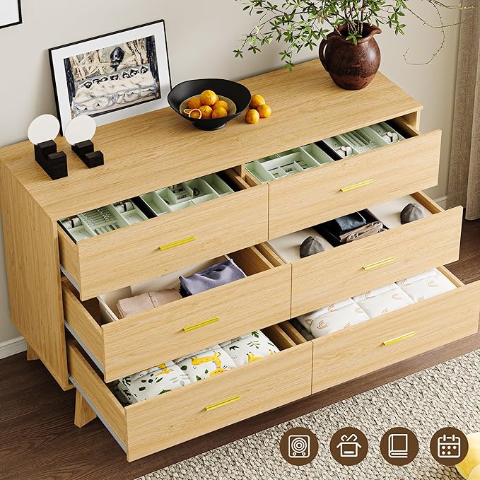 Dresser for Bedroom with 6-Drawer, 47.2" Modern Chest of Drawers with Metal Handles, X-Shape Base & Adjustable Center Leg, Anti-Tip Closet Organizers and Storage