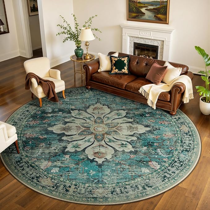 Area Rugs 8ft Washable Non-Slip, Floral Vintage Distress Print Pattern Medallion Carpet for Living Room Bedroom Dining Room, Dark Blue Vintage