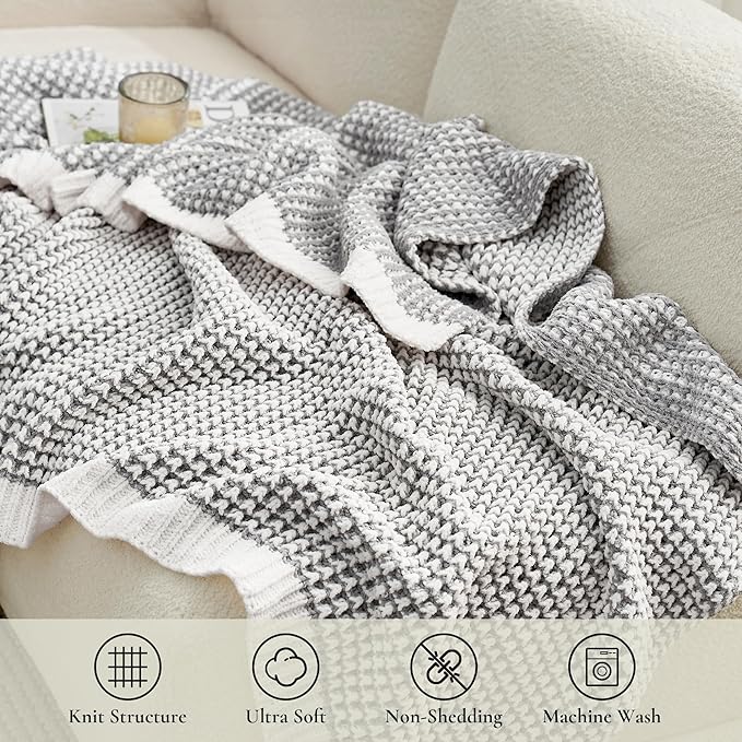 Amélie Home Waffle Chenille Throw Blanket for Couch, Pineapple Stitch Knit Soft Cozy Knit Blanket Decorative Throw for Sofa, Chair, 60"x80", Grey&Ivory