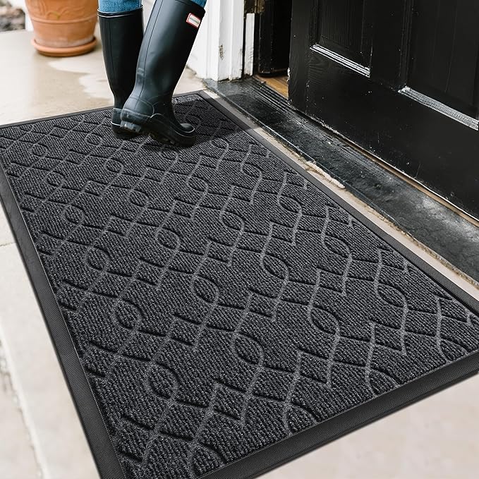 Yimobra Large Door Mat 47x32, All-Season Waterproof Doormat Outdoor Entrance, Heavy Duty Non-Slip Outside Door Mat for Garage Patio Proch Entryway Indoor, Easy Clean, Black Gray