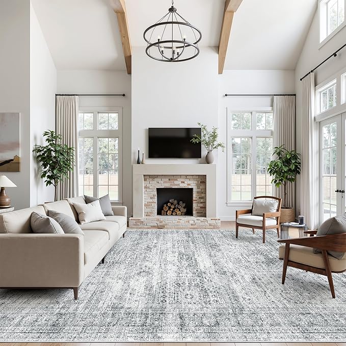 10x14 Area Rugs for Living Room, Non Slip Machine Washable Vintage Rugs, Low Pile Lightweight Large Rug for Bedroom, Dining Room, Home Office Grey
