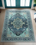 Area Rugs 3'x4' Washable Non-Slip, Floral Vintage Distress Print Pattern Medallion Carpet for Living Room Bedroom Dining Room, Teal Green Lake Blue Turquoise