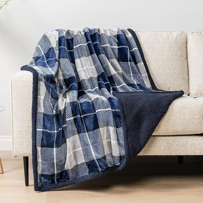 PAVILIA Blue Navy Plaid Sherpa Throw Blanket for Couch Twin, Plush Flannel Fleece, Soft Fuzzy Cabin for Sofa Bed, Warm Cozy Winter Gift, 60x80