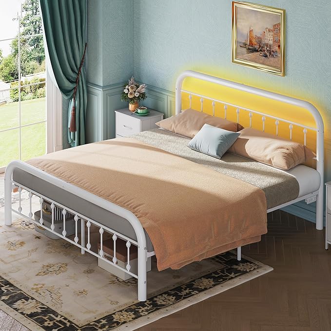WLIVE Metal Platform Bed Frame, King Size Bed Frame with Headboard, Bed Frames with LED Lights and Charging Station, 1500LBS Mattress Foundation, Under Bed Storage, No Box Spring Needed, White