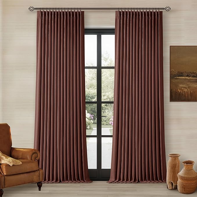 Chestnut Brown Linen Pinch Pleated Blackout Curtains 108 Inches Long for Bedroom Pleated 100% Black Out Drapes with Liner Rust Farmhouse Country Extra Long 108 Inch Curtain for Living Dining Room