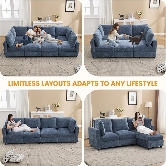 116'' 4-Seater Modular Sectional Cloud Sofa, Straight-Line Couches for Living Room, Modern Upholstered Deep Seat Sofa, Chenille Blue