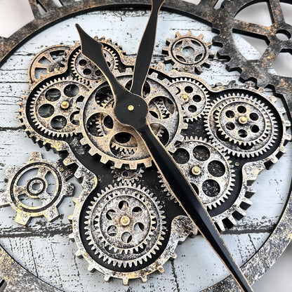 The B-Style 36" Large Moving Gear Wall Clock Oversized Vintage Farmhouse Wall Clocks for Living Room Decor Rustic Industrial Wood Clock (Gray White and Bronze Gears)