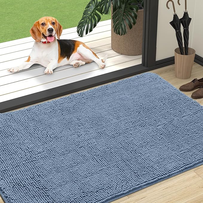 OLANLY Dog Door Mat for Muddy Paws 47x32, Absorbs Moisture and Dirt, Absorbent Non-Slip Washable Doormat, Quick Dry Chenille Mud Mat for Dogs, Entry Indoor Entryway Carpet for Inside Floor, Airy Blue