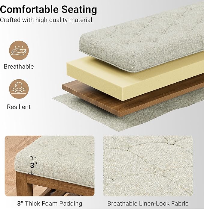 End of Bed Storage Bench, 42.9" Entryway Shoe Bench with Solid Wood Shelf, Upholstered Ottoman with Padded Seat for Bedroom, Hallway and Living Room, Beige