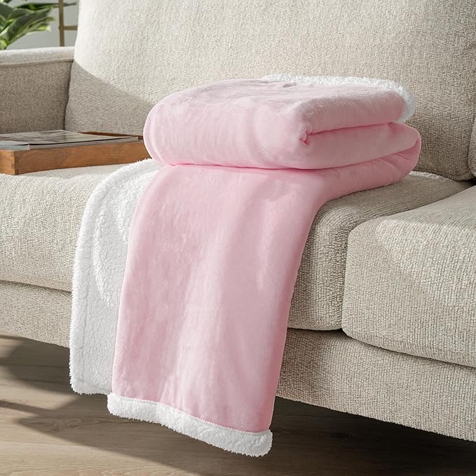 PAVILIA Sherpa Fleece Throw Blanket for Couch, Twin Size, Light Pink, Plush Soft Fuzzy Sofa Blanket, Cozy Reversible Winter Throw for Women Men, 60x80 Inches